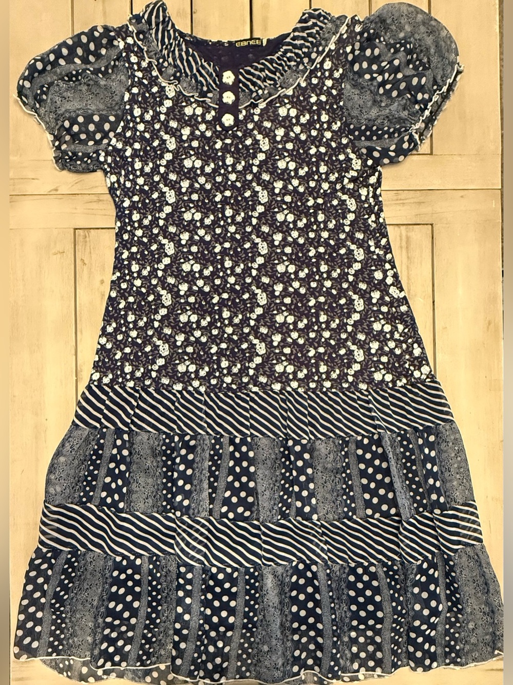 Mixed Print Patchwork Dress Navy  Polka Dot Ditsy Cottagecore Puff Sleeve L/XL
